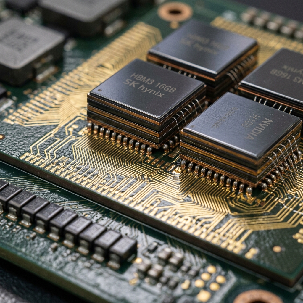 Macro close-up photograph of high-end graphics card memory chips