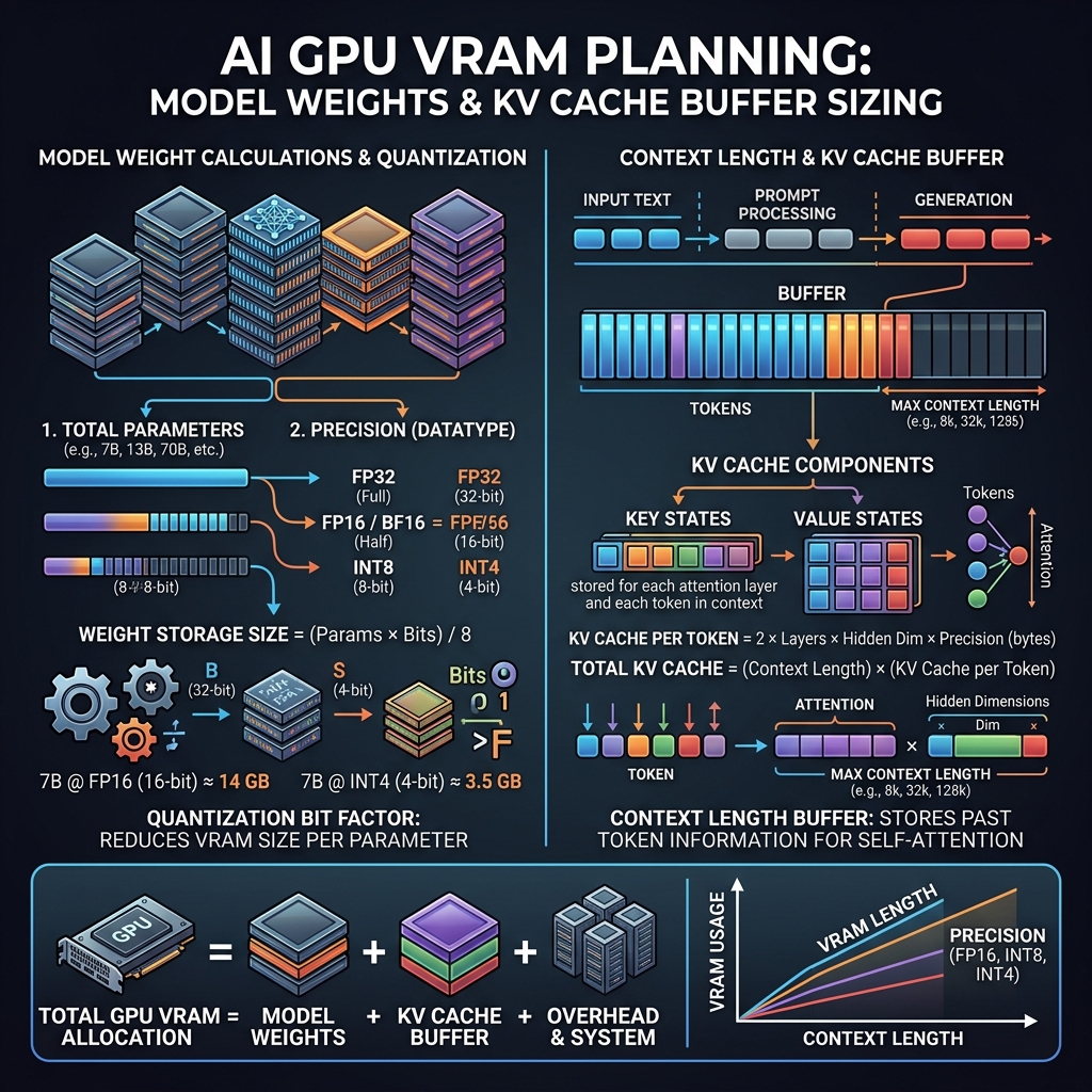 Infographic diagram calculating model parameters and precision to VRAM requirements