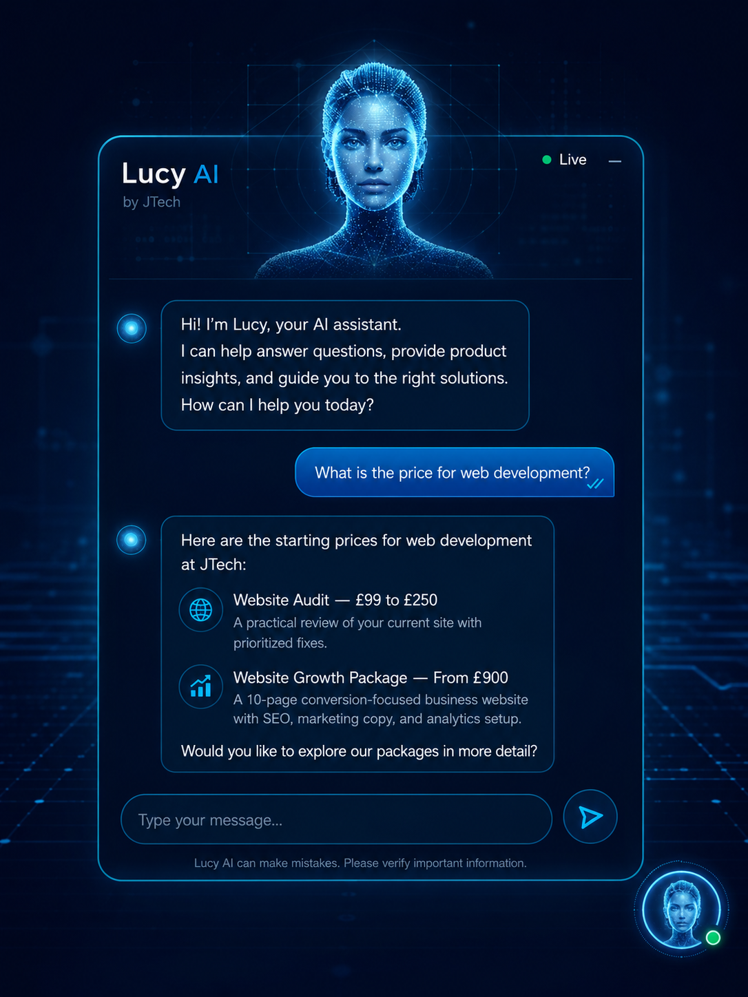 Lucy AI website assistant chat interface