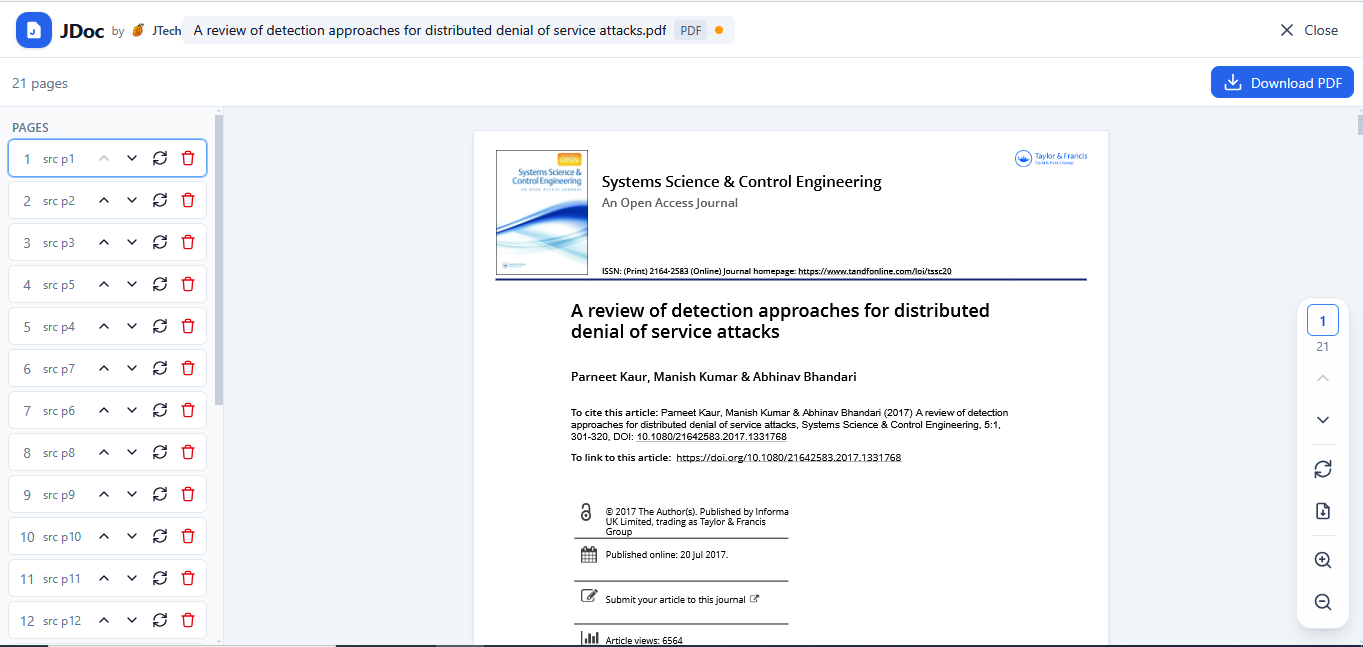 JDoc browser app showing PDF page thumbnails and local document controls