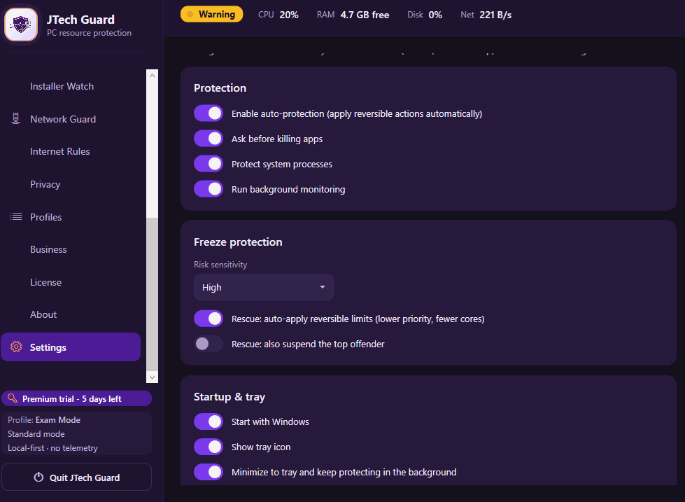 JTech Guard Settings screen showing Privacy section with Store reports locally only toggle enabled