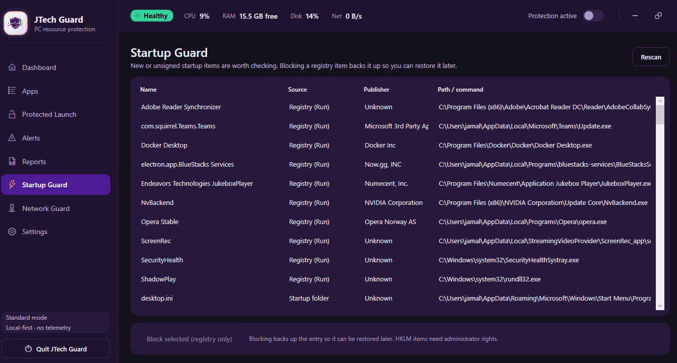 JTech Guard Startup Guard listing startup applications with their source and publisher