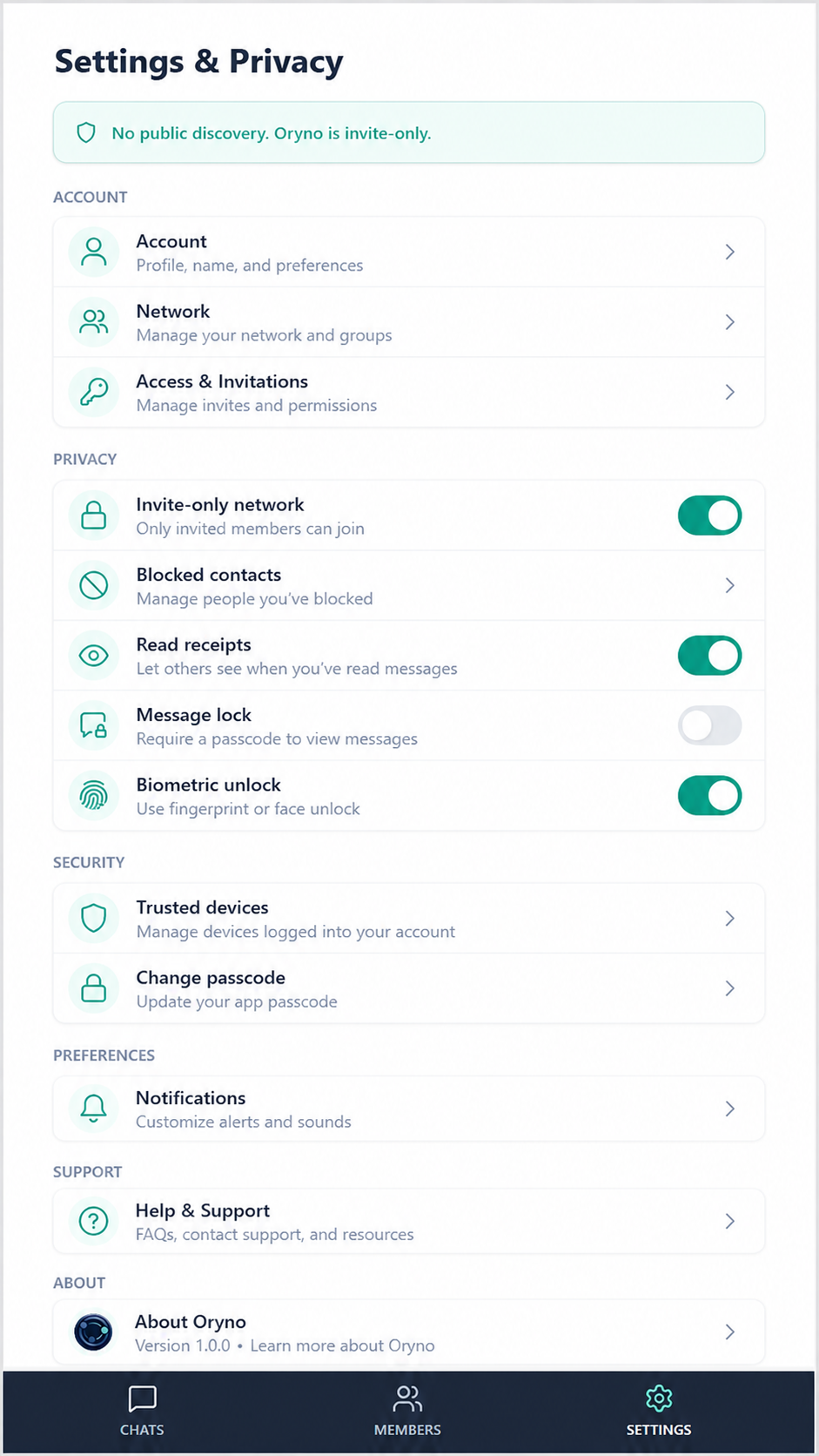Oryno - Settings & Privacy