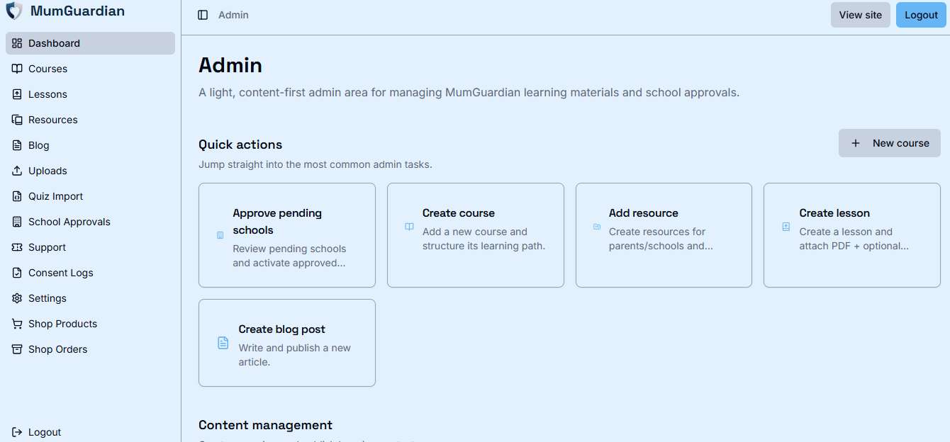 MumGuardian admin dashboard showing course management, school approvals, lessons, resources, and content management