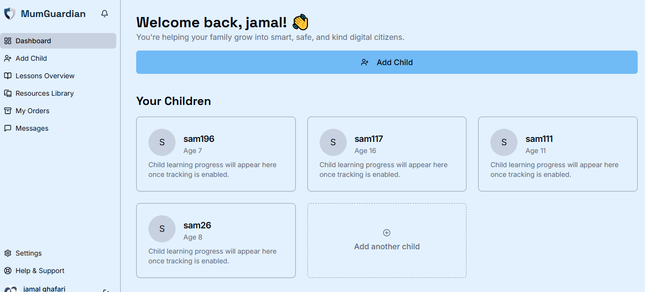 Parent dashboard: children list, ages, Add Child