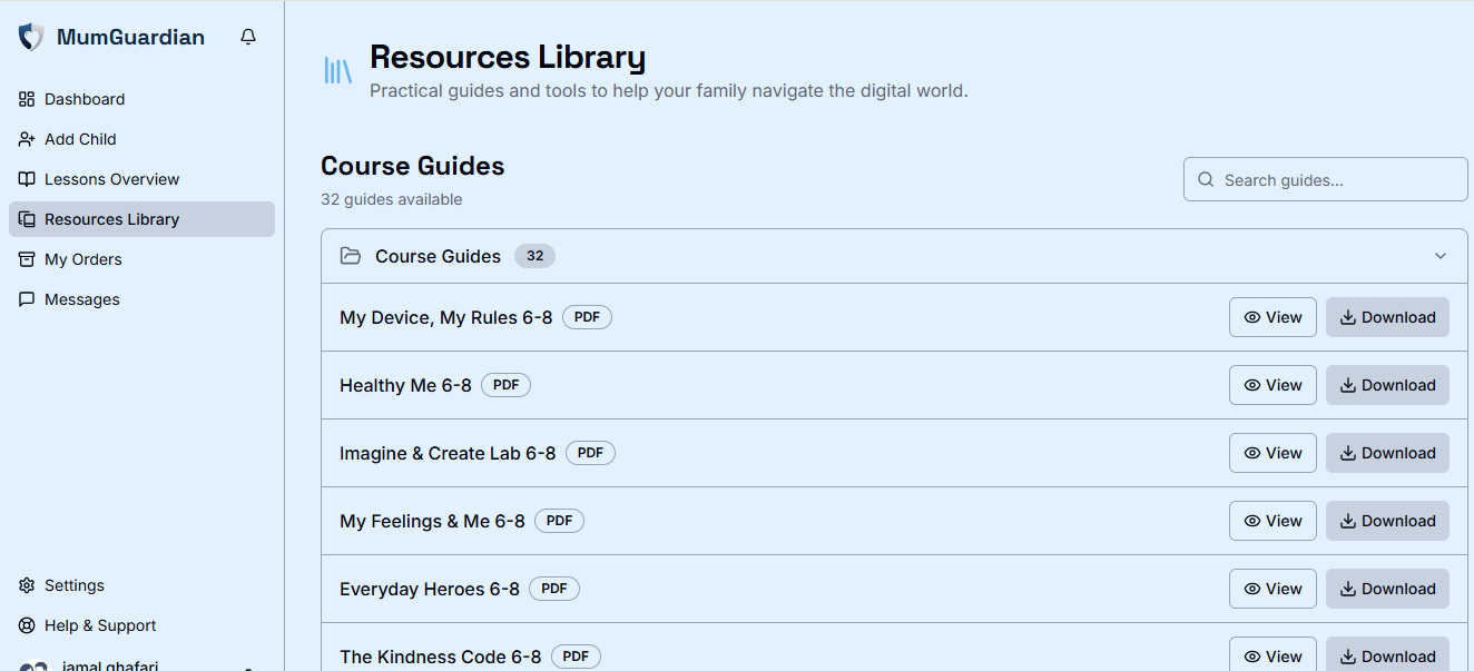 Resources Library: 32 course guides with view and download