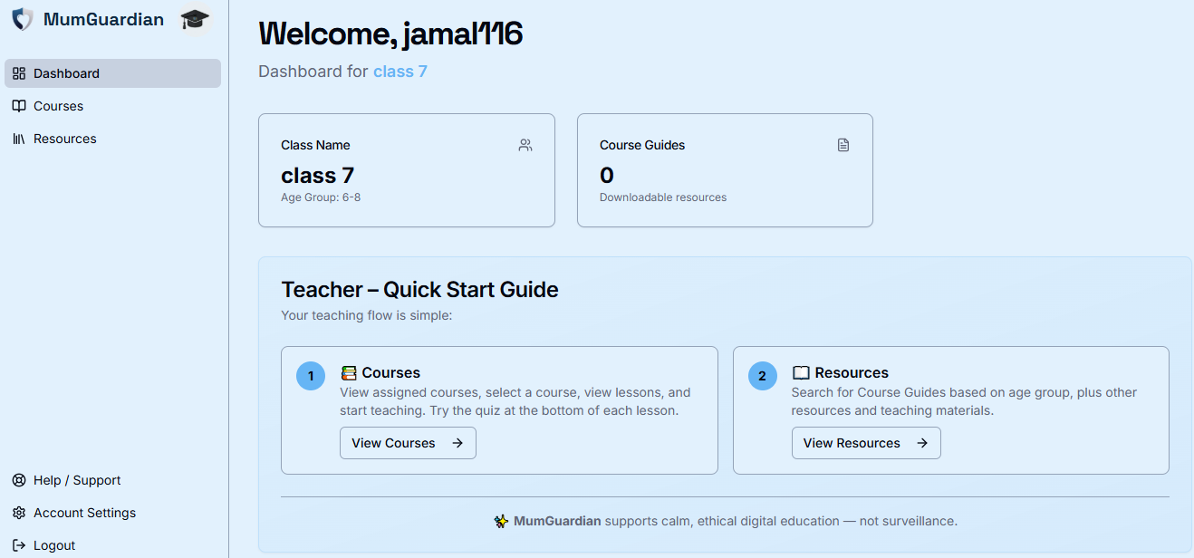 Teacher dashboard: class info, courses, resources, quick-start