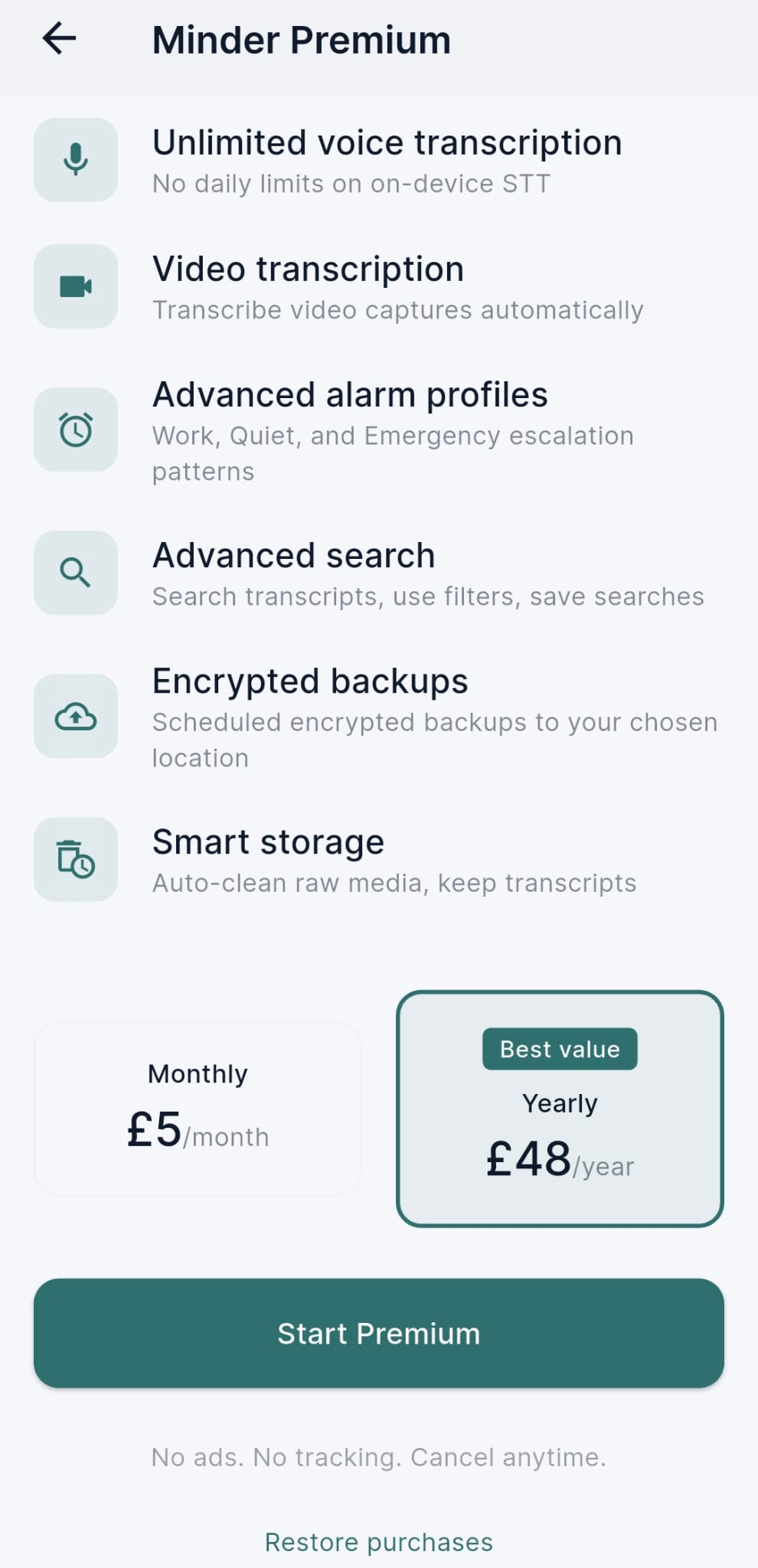 Minder premium features
