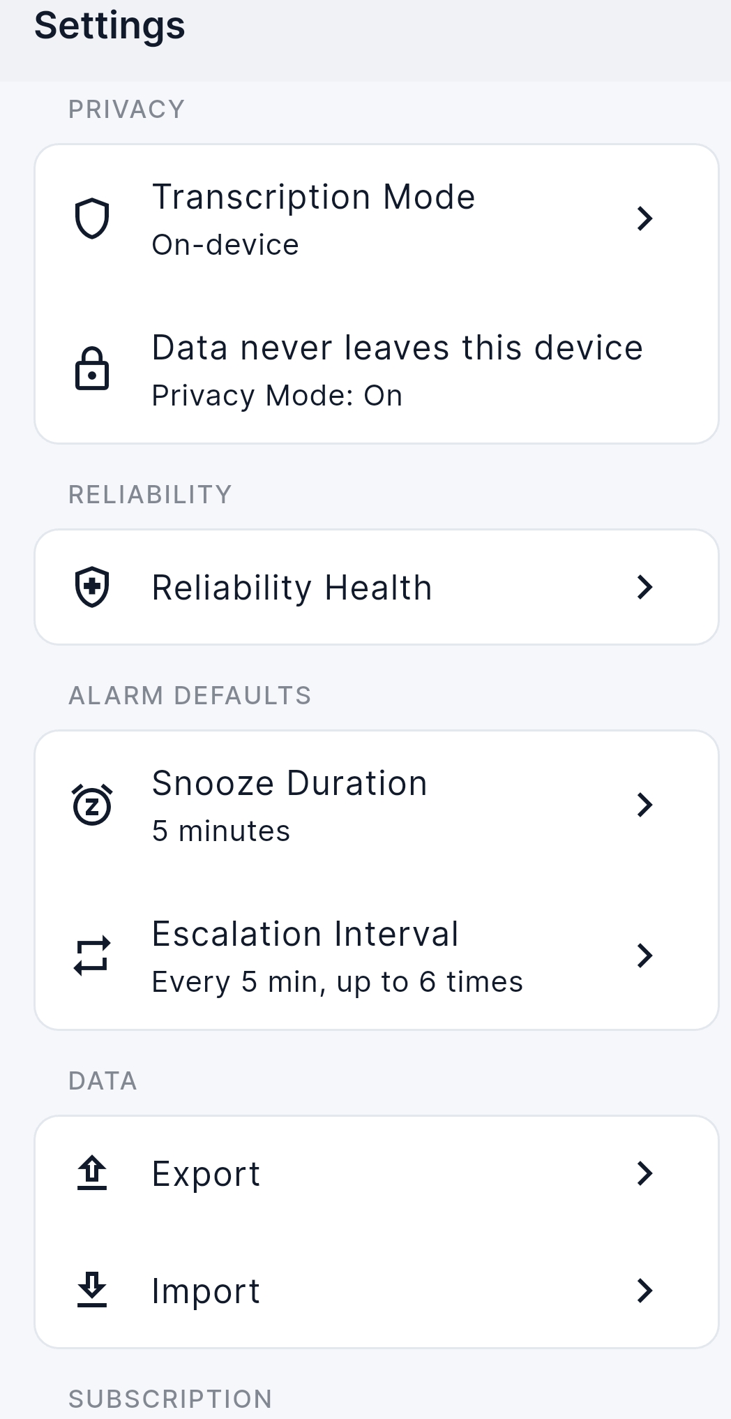 Minder settings showing privacy mode and alarm defaults