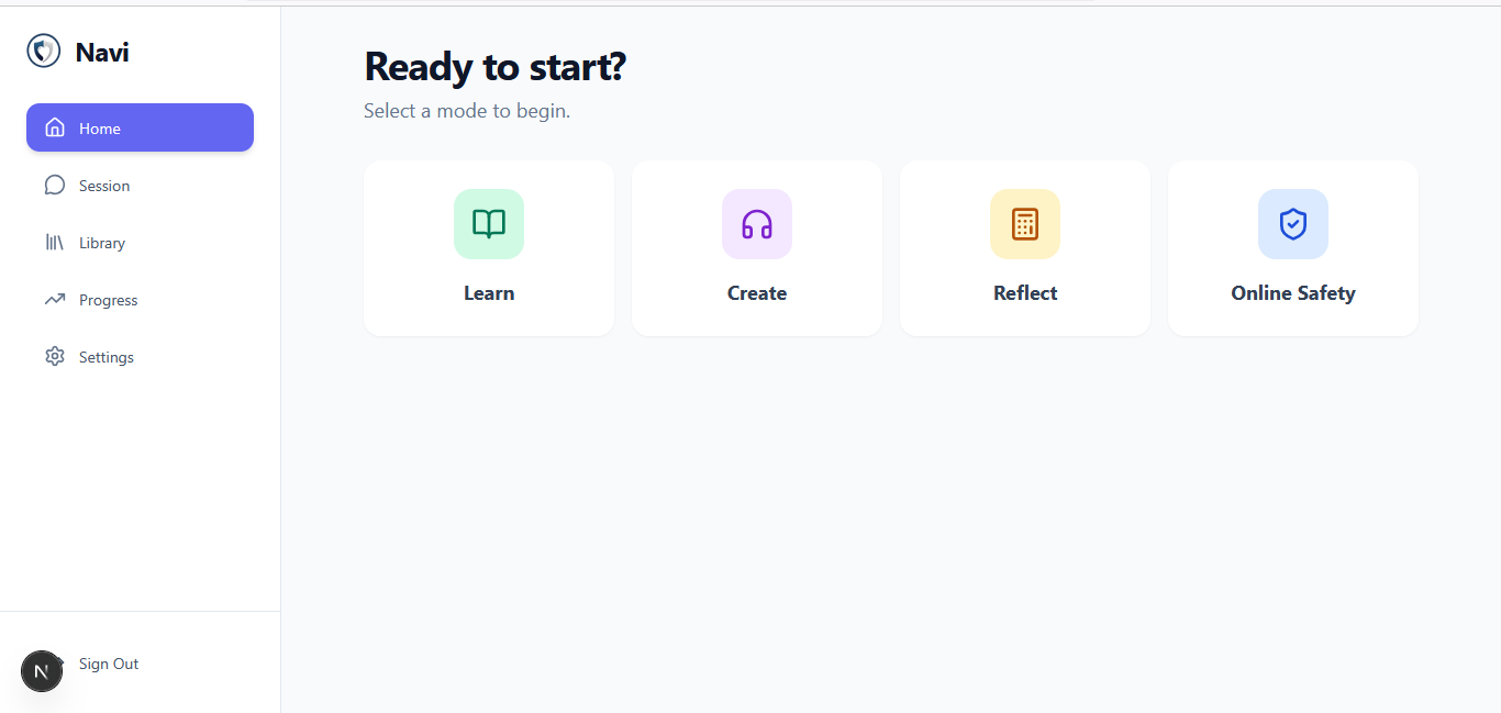 Navi child home screen with Learn, Create, Reflect, and Online Safety modes