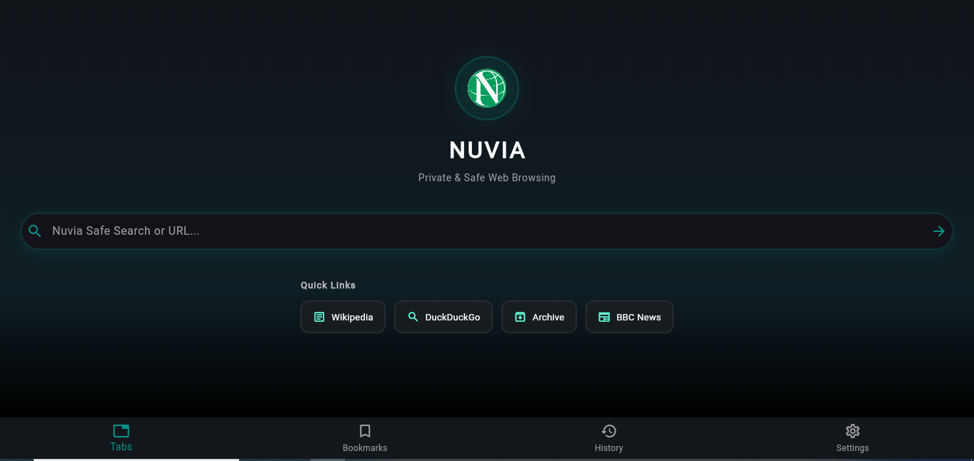 Nuvia safe browser with private search and quick links
